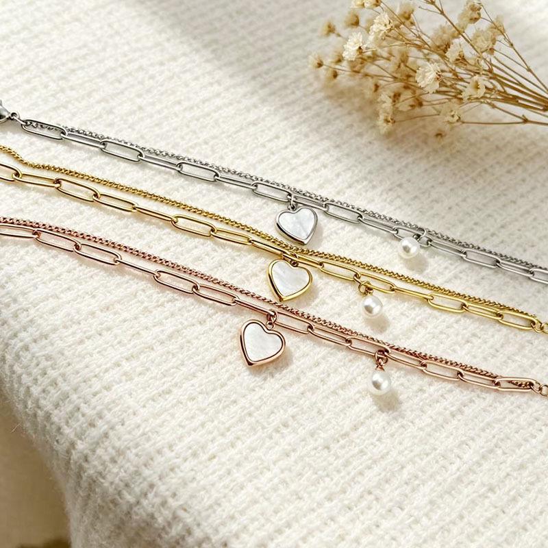 European & American Double Layer Heart Shell Pearl Titanium Bracelet - Colorfast Stainless Steel, Light Luxury Jewelry