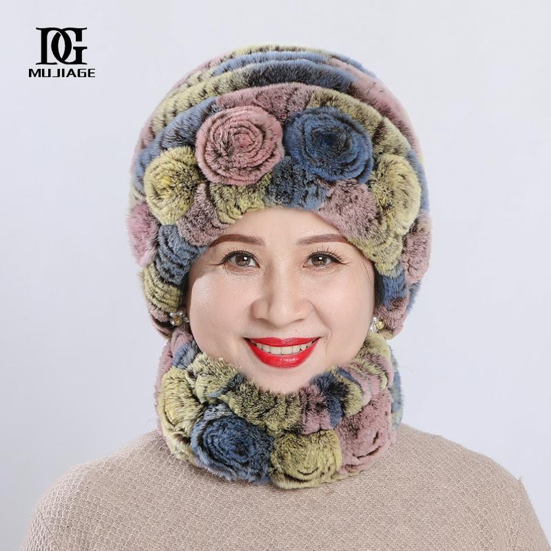 Winter Old Ladies' Grandmother's Mother's Rex Rabbit Fur Hats Scarf