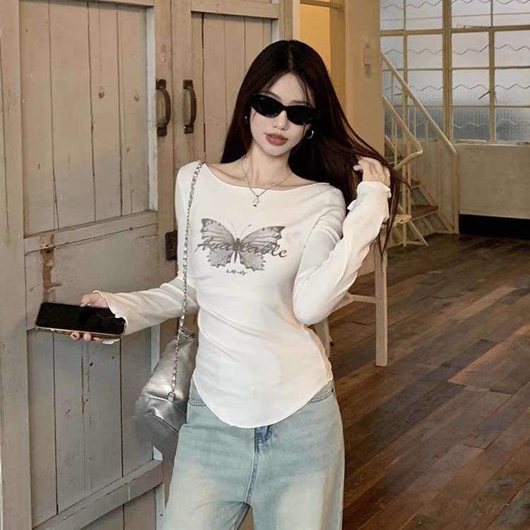 

Осенняя ретро острая футболка с длинным рукавом и приталенным силуэтом с бабочкой для женщин Small