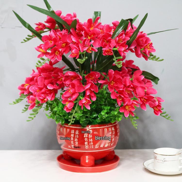 Phalaenopsis Silk Flower Arrangement in Red Ceramic Pot for Indoor Decoration or Weddings