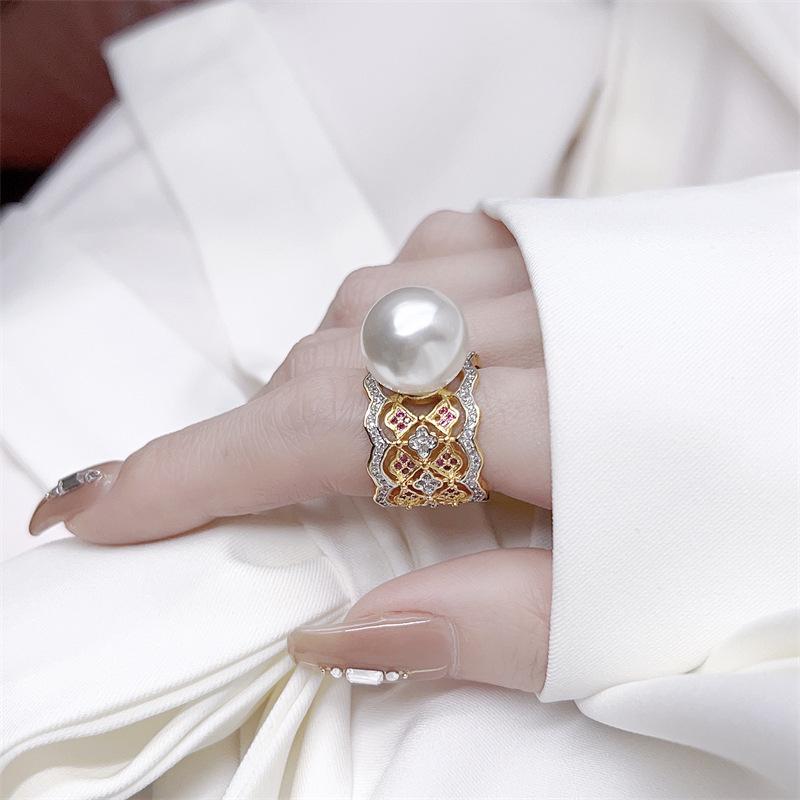 Elegant European Baroque Pearl Gold Ring - Women s High-End Versatile Open Design Adjustable Opening