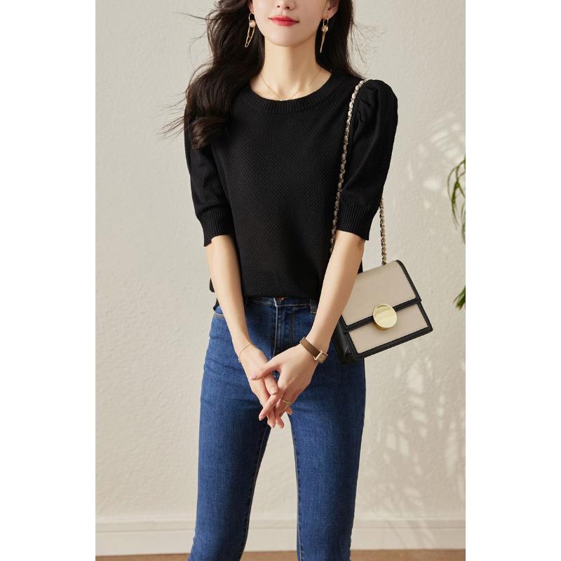 

Вязаный свитер футболка женская рукава пять четвертей летняя новая повседневная тонкая рубашка в иностранном стиле свободная версия топ 2XL чёрный