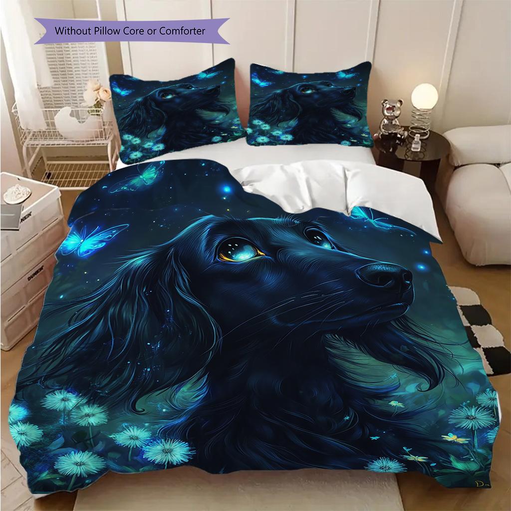 Schwarzes Hundemuster Bettwäsche Steppdecke Set Bettbezug Kissenbezug Heimdekoration Geburtstagsgeschenk (1 Bettbezug + 2 Kissenbezüge, ohne Füllung)