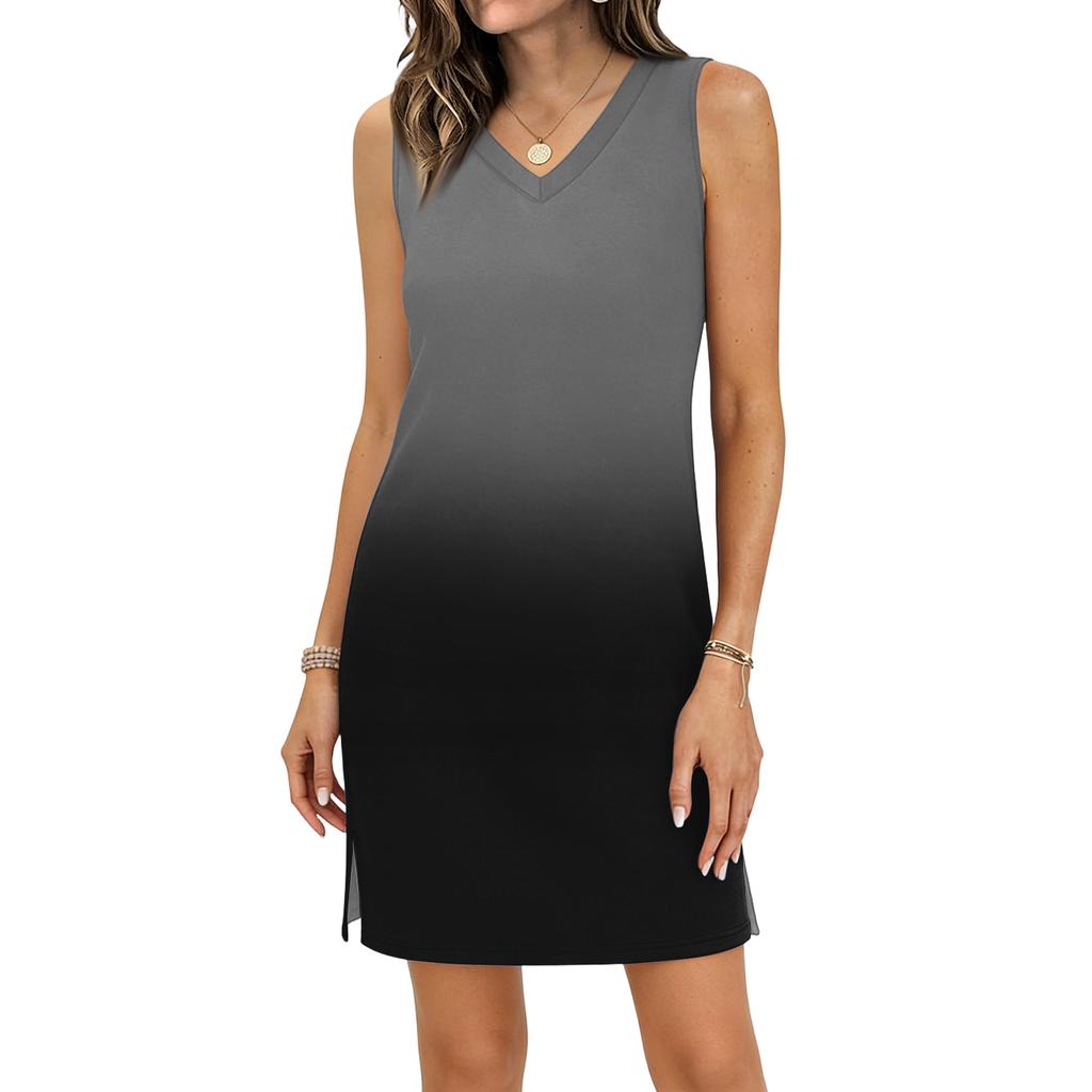 Women's Casual V-neck Sleeveless Split Hem Gradient Dress