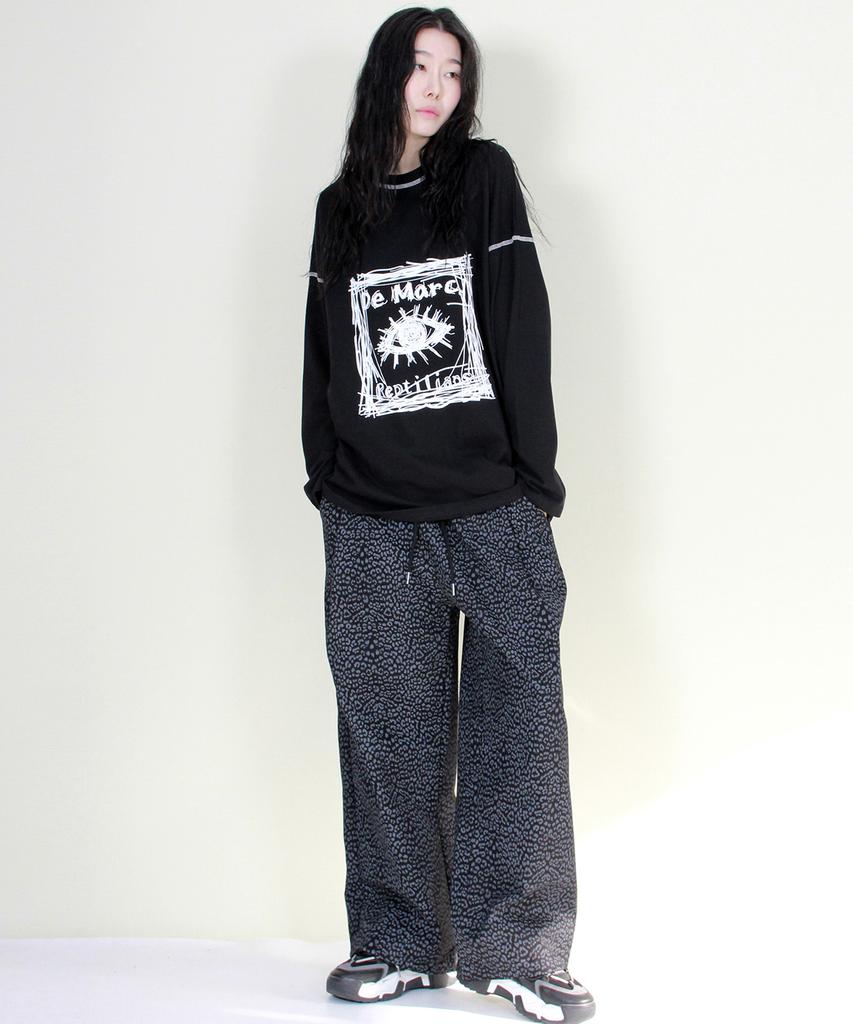 Deumakeu Side Single-Pleat Leopard Real Wide Pants Black
