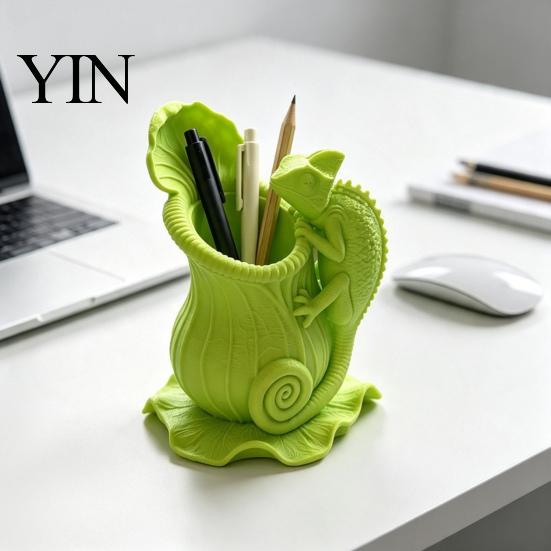 Animal Statue Decor Chameleon Design Pen Holder, PETG Stationery Organizer with Stable Leaf Artistic Desk for Office Base, 3D Supplies Storage