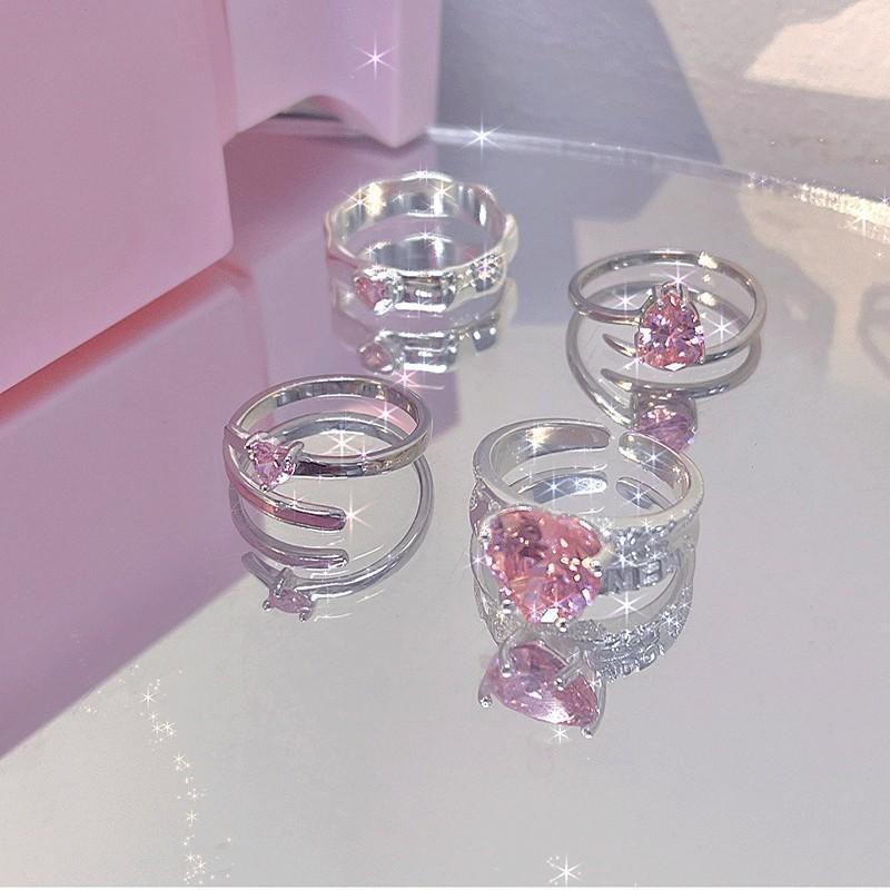 Sweet Pink Heart Shaped Zirconia Ring For Women Sparkling Fashionable Open Ring