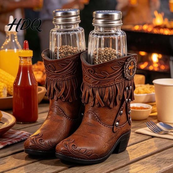 Glass Salt And Pepper Dispenser Western Cowboy Boot Resin Shaker Set Creative Boots Spice Shaped Condiment Bottles Rustic Table Kitchen Tabletop