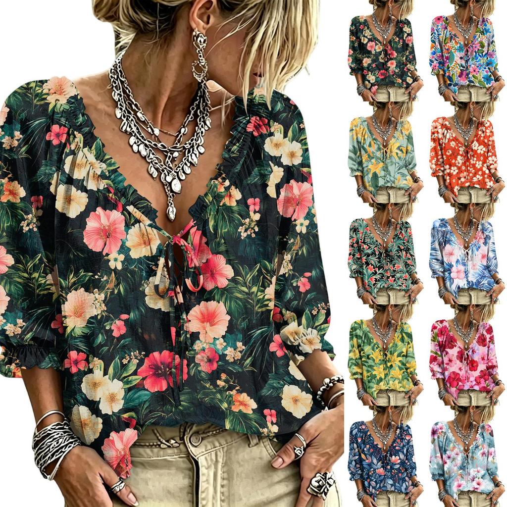 Women's Casual V-Neck Printed Tie Ruffle Blouse for Everyday Wear