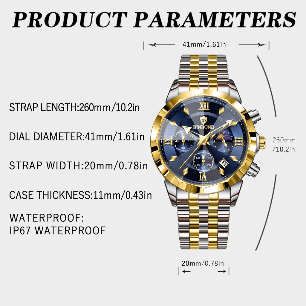 BINBOND Luxury Men's Watches Date Chronograph Stainless Steel Quartz Watch Waterproof Luminous Fashion Man Wristwatch