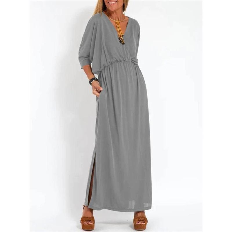 European And American Summer New Products Solid Color High-waist Split V-neck Dress Loose Casual Waist Belt Ice Silk Long Skirt