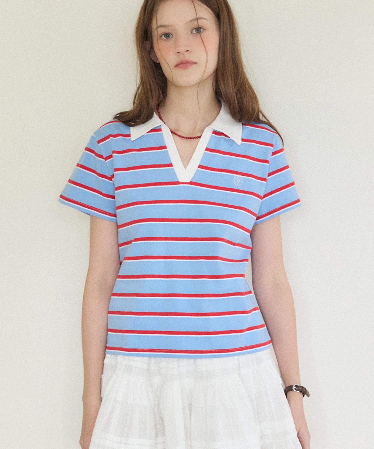Lori Striped Collared T-Shirt - Sky Blue Sky Blue/Sky Blue