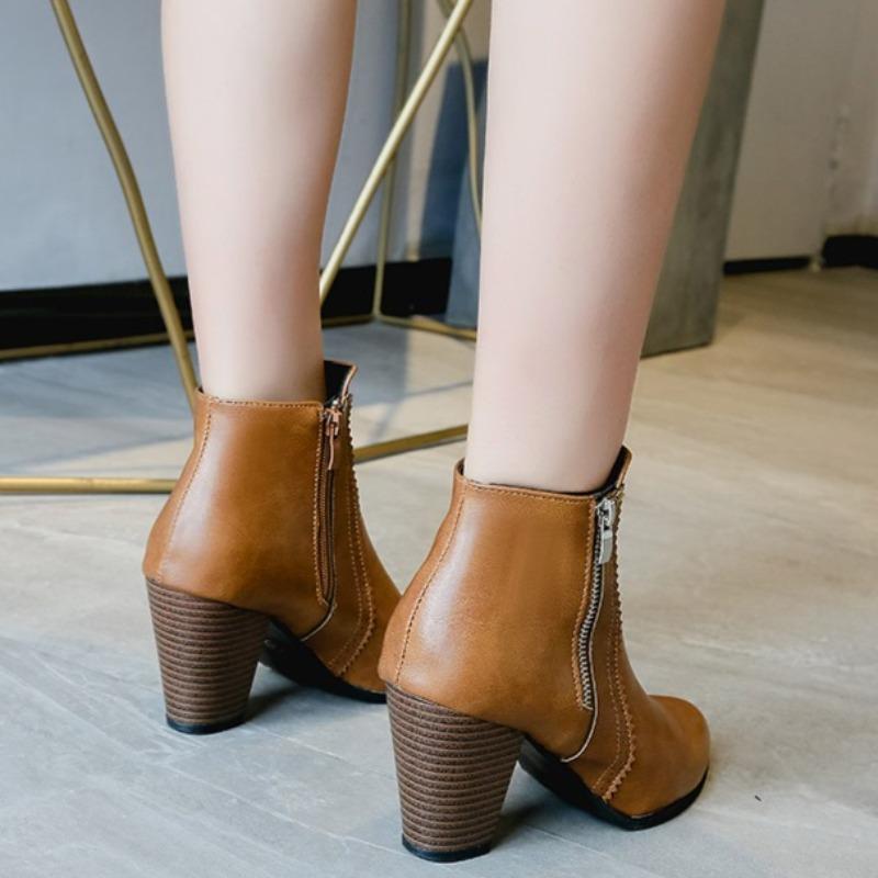 New Double Zip High Heel Booties for Autumn and Winter Women's Pointed Toe Block Heel Short Cylinder Naked Boots