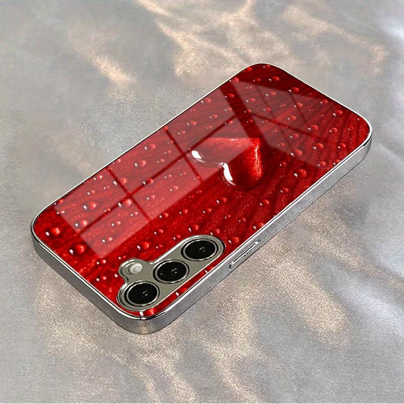 Red Heart Dewdrop Tempered Glass Phone Case Suitable for Samsung Galaxy S26 S25 S24 S23 S22 S20 FE/Ultra/Plus Anti Drop
