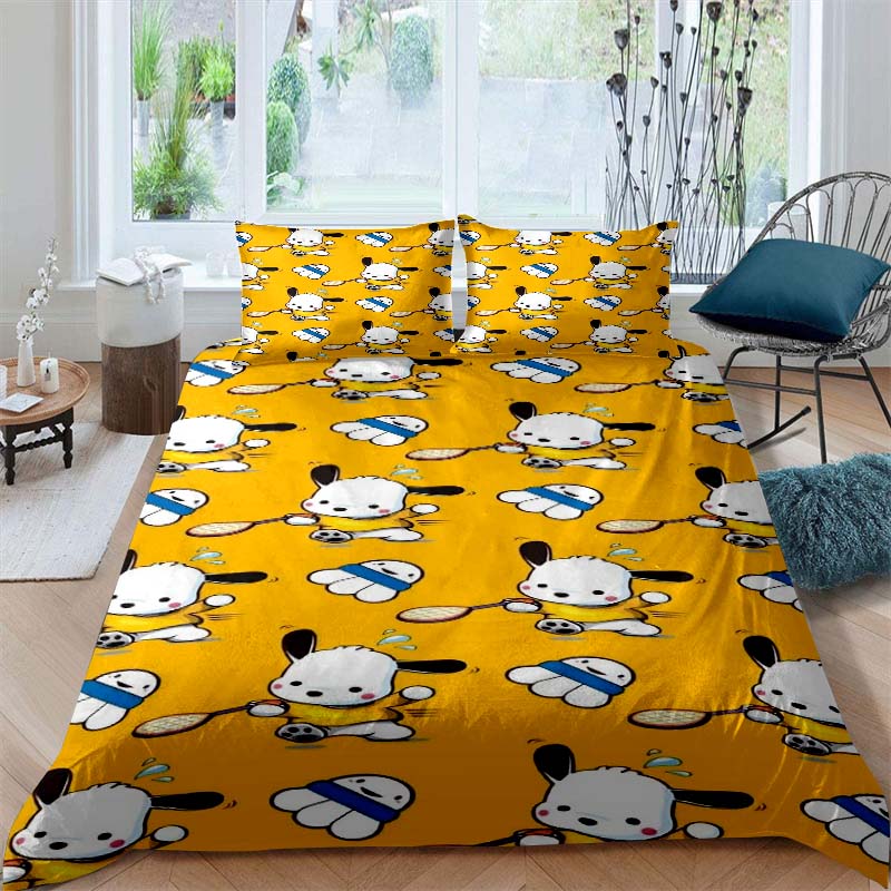 The new cartoon Pochacco dog themed three piece bedding set for 2026, including duvet covers and pillowcases, is the perfect cho
