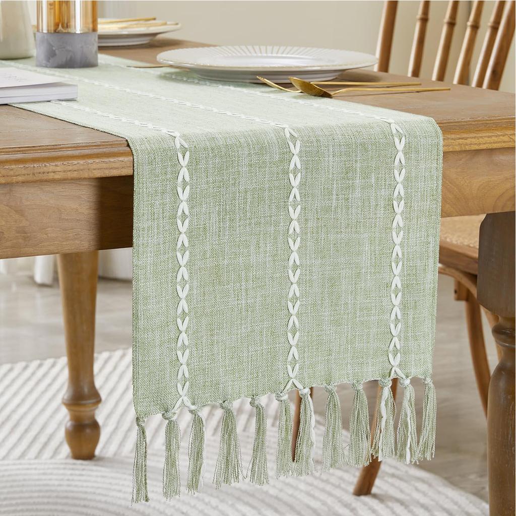 Party, Dresser Decor and Dining Room Decorations Rustic Cotton Linen Table Runner  with Hand-Tassels