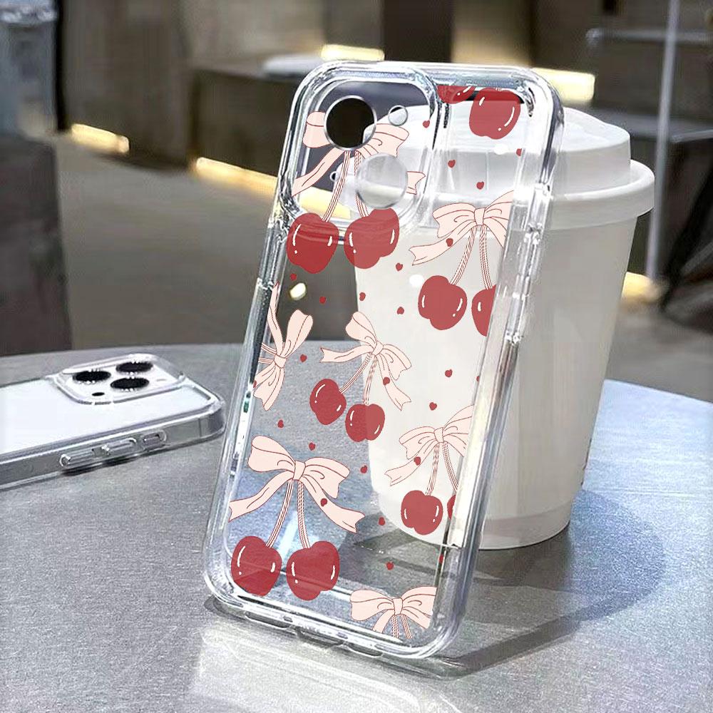 Red Cherries with Bows Pattern Phone Case for IPhone 17 15 16 14 13 12 11 Pro Max Plus 12 13 Mini TPU Protect Cover