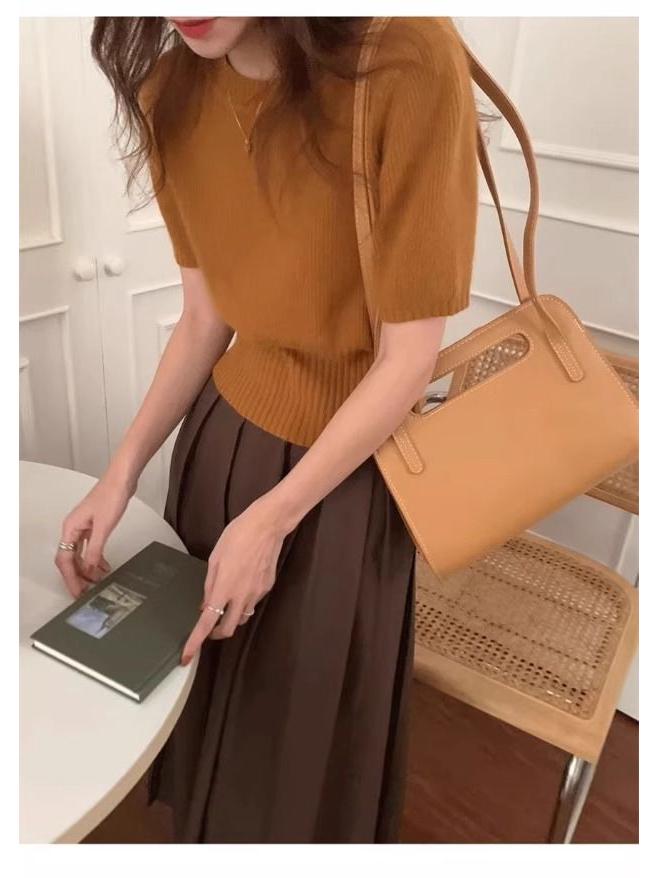 Women's High-End Soft Gray Knitwear: Bubble Sleeve Fitted Round Neck Short Sleeve Sweater for Autumn/Spring