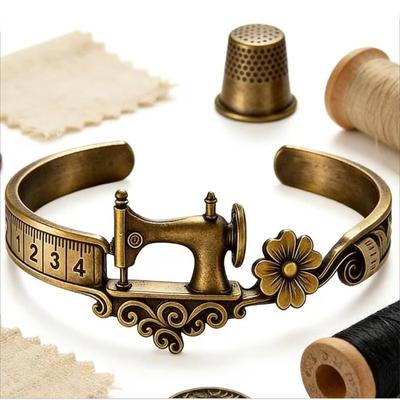 Adjustable Sewing Machine Themed Bracelet Alloy Sewing Lover's Bracelet Vintage Ring Set  for Women