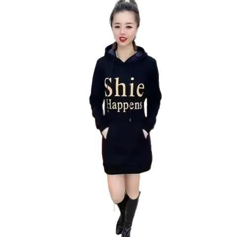 Dress autumn and winter new velvet fashion slim and thin versatile letter hooded long-sleeved sweater skirt female trend