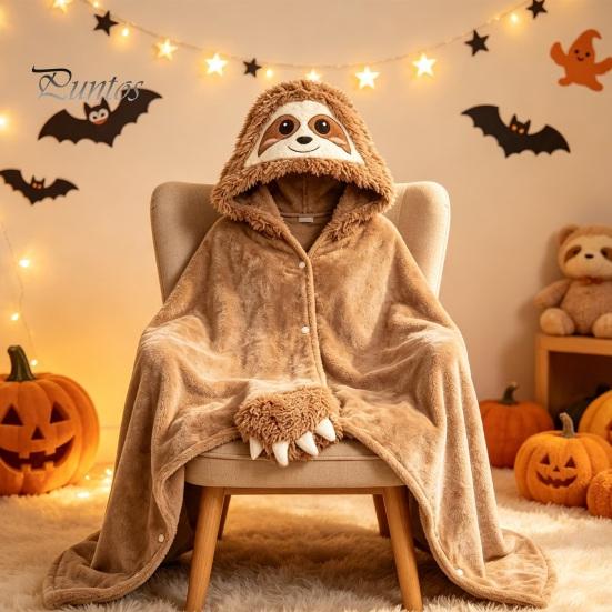 Comfortable Loungewear for Women Halloween Wearable Blanket Hoodie, Cozy Hooded Highland Cow Cape, Soft Festive Winter Throw Plush Sloth Black