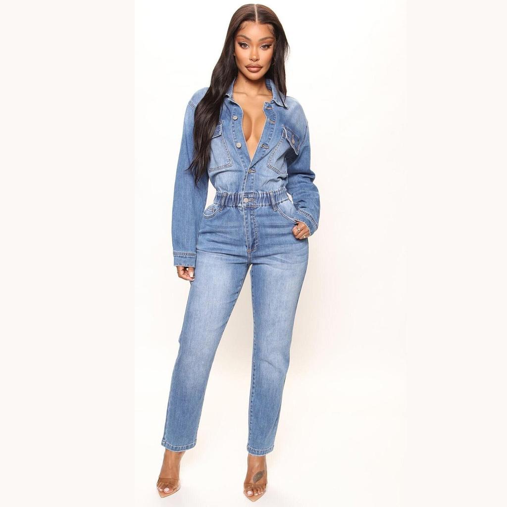 European & American Slim Fit Stretch Denim Jumpsuit with Small Leg Opening