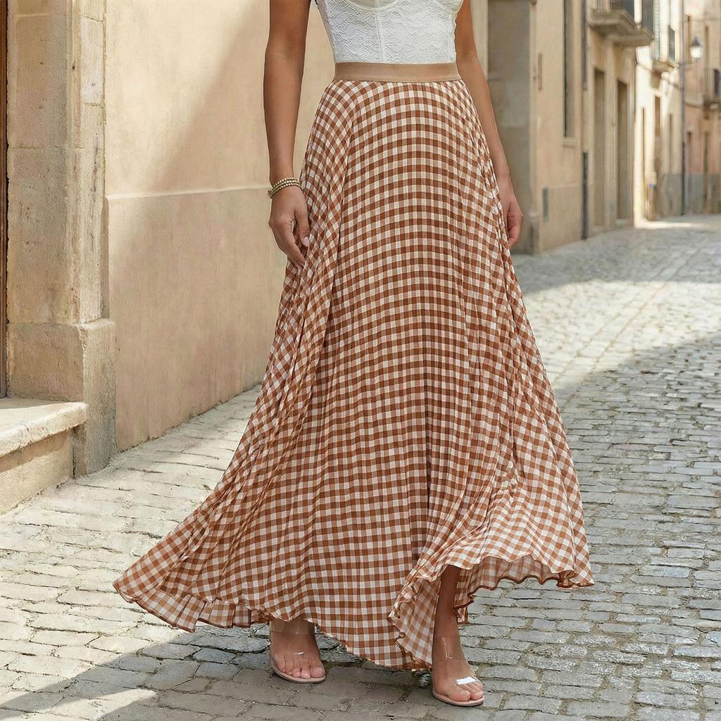 Women's Fashion Plaid Print Maxi Skirt Holiday Casual Pleated Half Skirt Flared Long Skirt with Elastic Waistband for Daily Wear