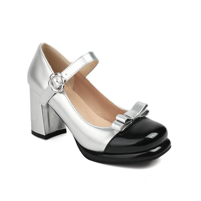 Chunky Heels Lolita Women Pumps Shoes Sweet Bowknot Mixed Color Vintage Mary Jane Shoes Patent Leather Platform Pumps Size 34-43