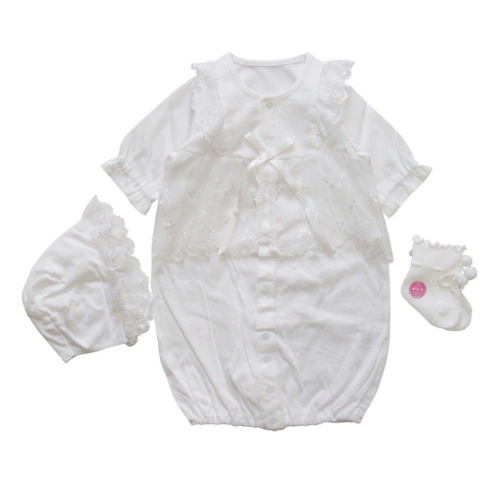 

сделано в стандартном летнем новорожденном ребенке церемония для посещений храма и больничная шапочка и детские носки первый храм западный стиль 3-предметный набор, Япония, дизайн, белый