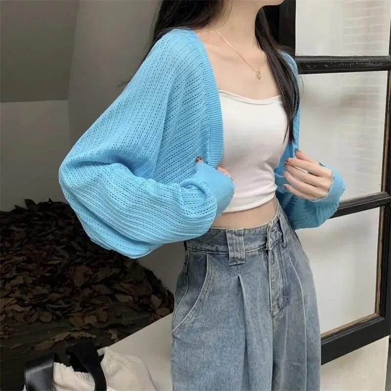 Lantern Sleeve Knit Cardigan Crochet Hollow Loose Women's Long Sleeve Thin Coat NewFashion Simple Casual Commuting Spring Autumn