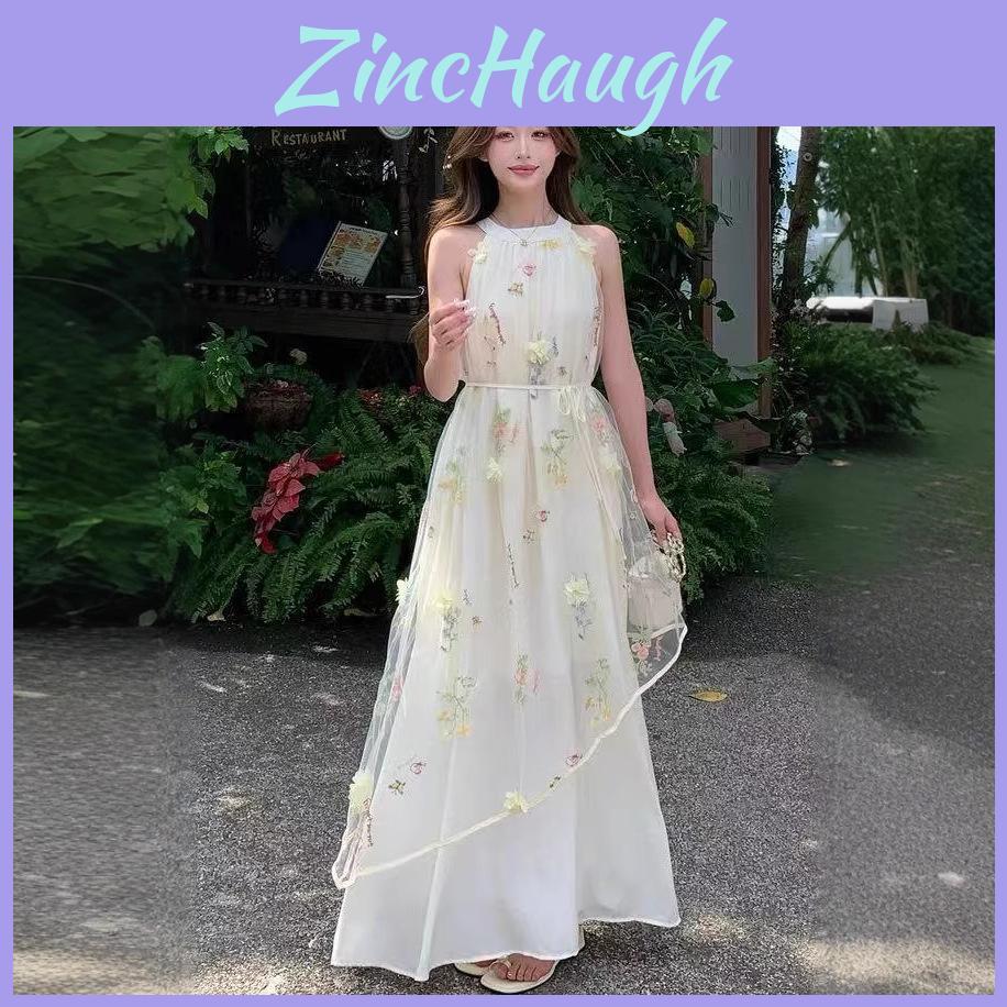 Summer Cotton Embroidery Sleeveless Dress For Beach Women With Mesh Floral Design