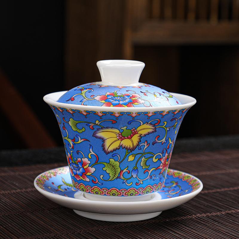 White Porcelain Cover Bowl Suet Jade Porcelain Ceramic Blue And White Tea Bowl Enamel Color Tea Set Gilt Full Flower Household Three Talent Cover Bowl