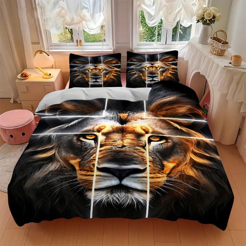 3pcs Lion Face Bedding Set - 1 Duvet Cover + 2 Pillowcases(Core Not Included), Machine Washable Polyester Yy251216130