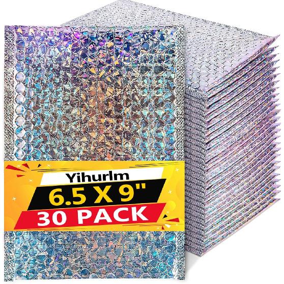 Holographic Bubble Mailers,30 Pcs Metallic Bubble Mailers,6.5 x 9 Inch Poly Padded Envelopes,Waterproof Self Sealing Cushion Envelopes for Mailing