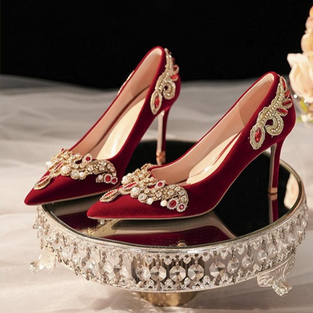 Women's High Heels Rhinestone Pointed Toe Red High Heeled Shoes Wedding Shoes Women's New Banquet High Heels Wedding Bride Shoes
