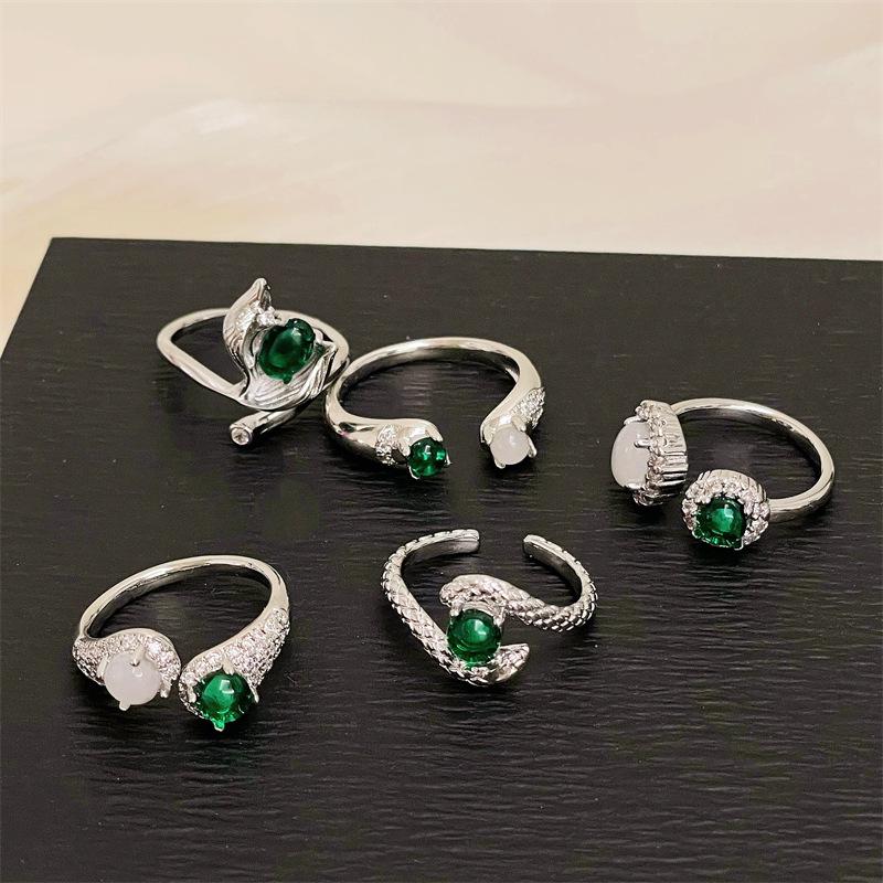 New Emerald Imitation Chalcedony High-End Inlaid Zir*****Pen Ring Niche Fashion Accessories Light Luxury Super Fairy Jewelry
