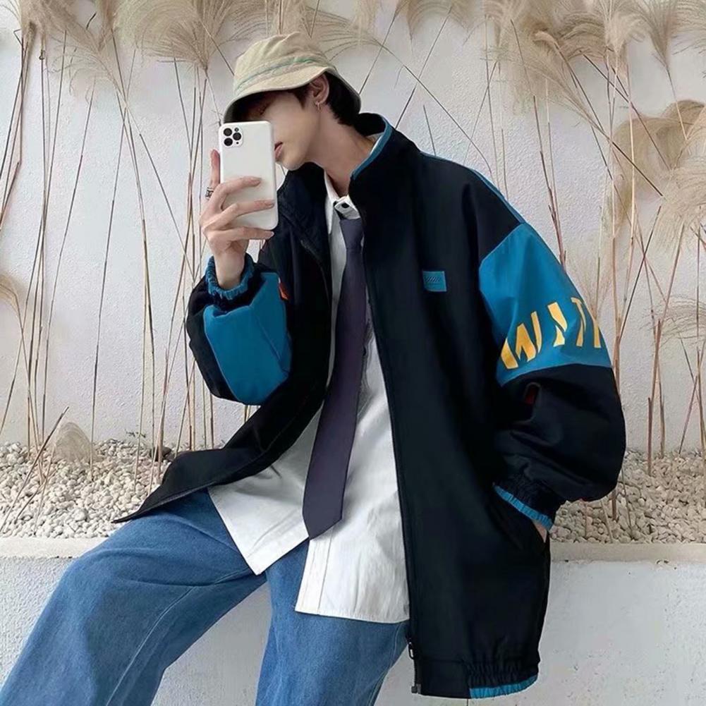 Herren und Damen Lockere Passform Jacke Klassischer Stil Stehkragen Langarm Street Baseball Jacke Mantel Color Blocking Liebhaber Mantel für Herbst Winter