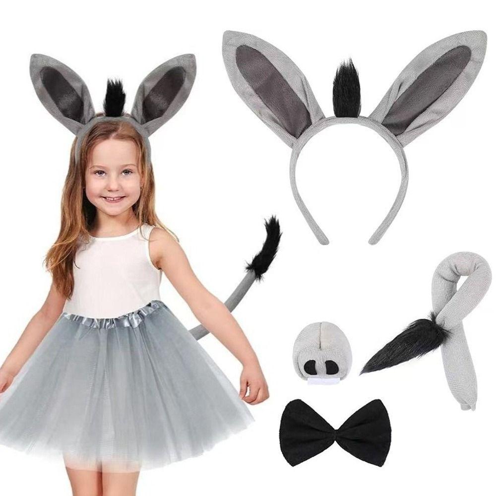4PCS Fashion Funny Donkey Costume Set Tail Nose Animal Donkey Headband Bow Tie Donkey Ears Headband Accessory