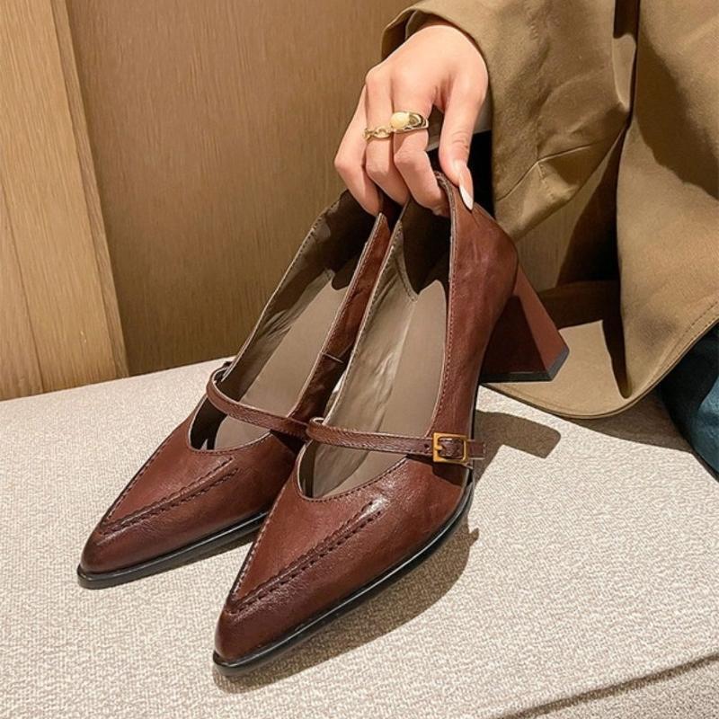 Vintage Frühling Dicke Ferse Damen Mary Jane Schuhe Flacher Schnallenriemen Schuhe Damen Elegant Spitze Zehen Tanzparty Pumps