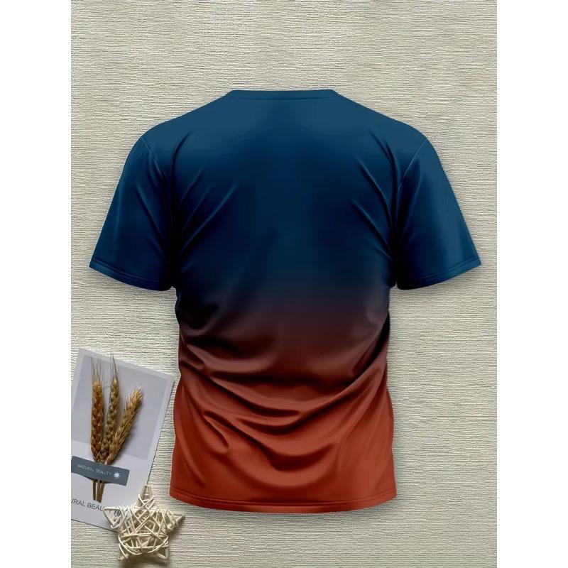 Men's 3D Gradient Solid Color Print T-shirt - Short-sleeved Breathable Polyester Round Neck Casual Streetwear Top