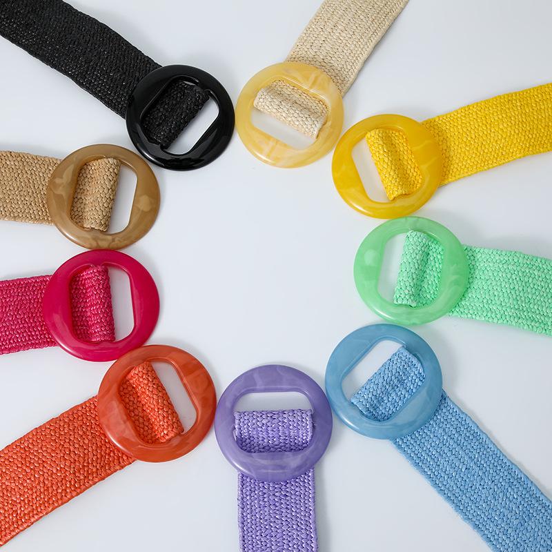 Summer Resin Round Buckle Pp Grass Elastic Woven Wide Belt Beach Niche Exterior Dress Waist Seal