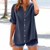 Women Shirt V-Neck Half Sleeve Buttons Placket Shirt Solid Color Loose Fit Summer Casual