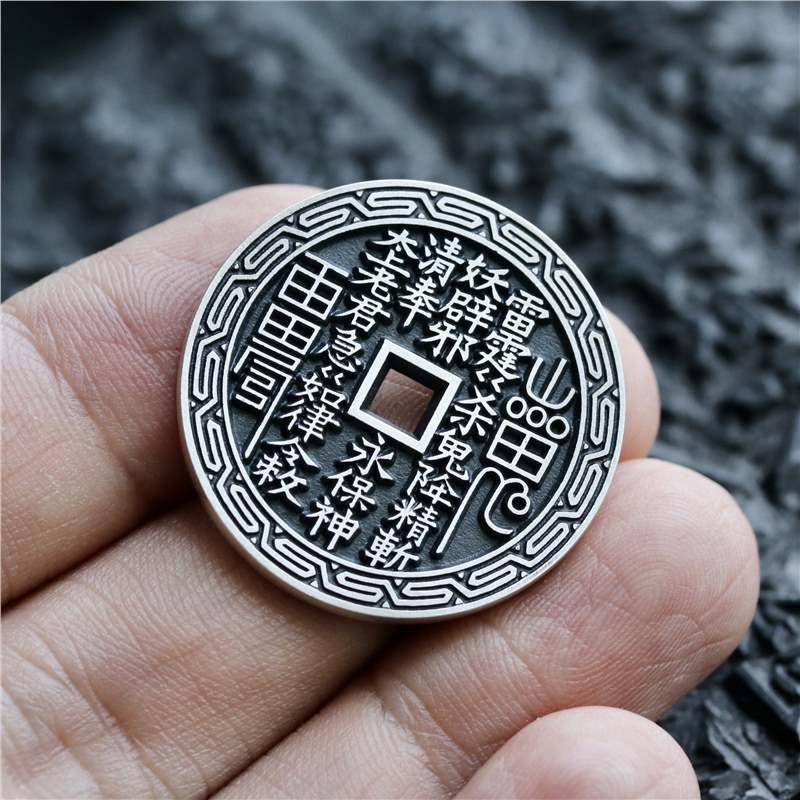 Sterling Silver Mountain Ghost Flower Pendant with Swastika Pattern Engraving, 30mm Coin Design.