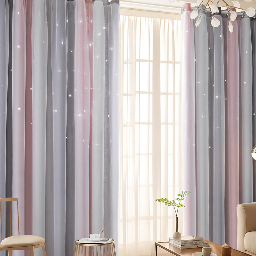 2025Gradient Striped Curtains Double Layer Curtains Blackout Sheer Curtains Perforated Curtains