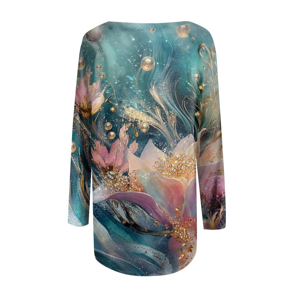Damenmode Lässig Langarm Print Rundhals Pullover Top Bluse