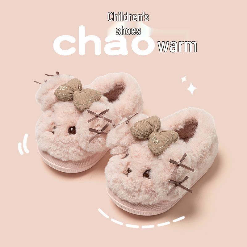 Girls' Winter Cartoon Bow Slippers - Closed-Back Cotton Indoor Shoes for Kids and Parent-Child Matching