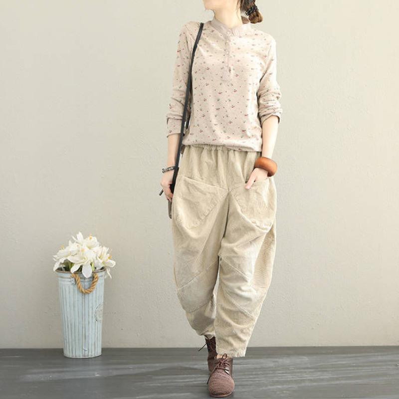 Dam Vår och Höst Retro Ståkrage Blommig T-shirt Dam Långärmad Skjorta Topp Dam Underlags-skjorta