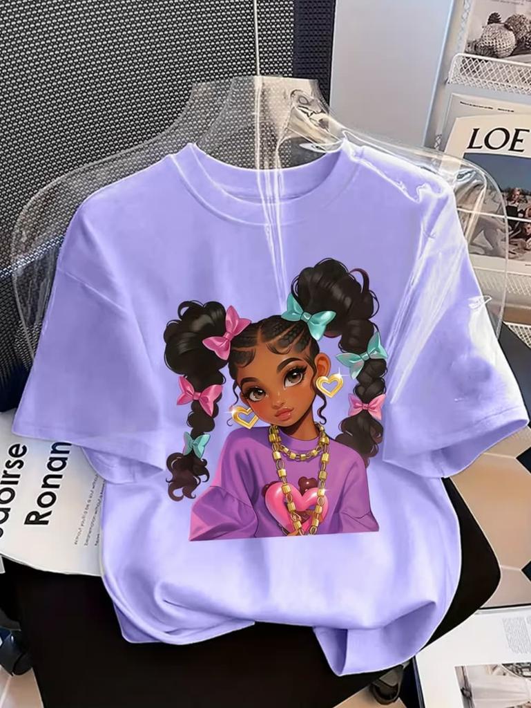 Girls' Summer Crew-Neck Short-Sleeved Top New Black Girls Cute Top Girls Clothes Cartoon Print T-Shirt Top Children's Clothing