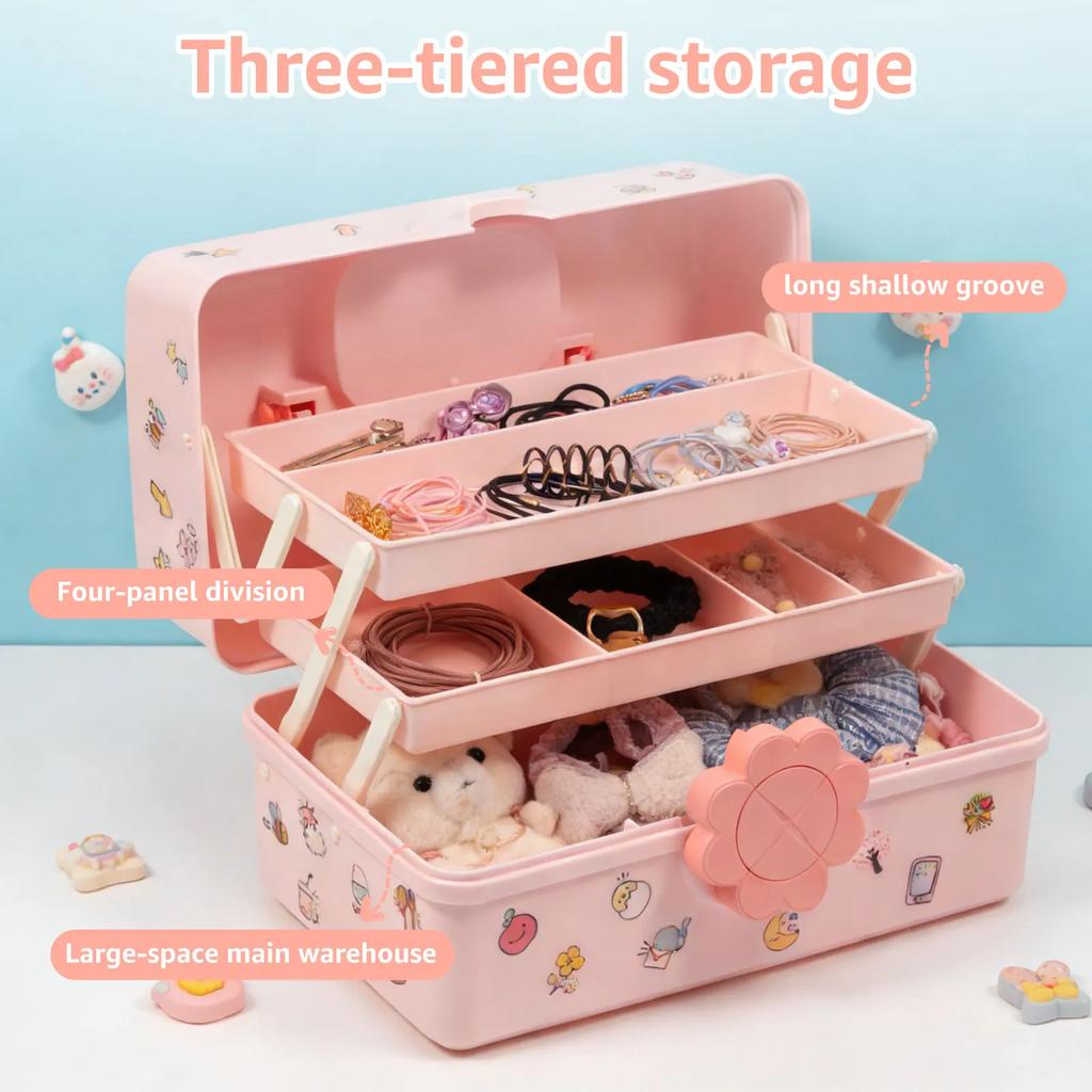 Organizzatore di Accessori per Capelli a 3 Strati Scatola Porta Pettini con Manico Chiusura a Chiave Carina Scatola Portagioielli per Bambine Scatola Portaoggetti per Giocattoli per Bambini