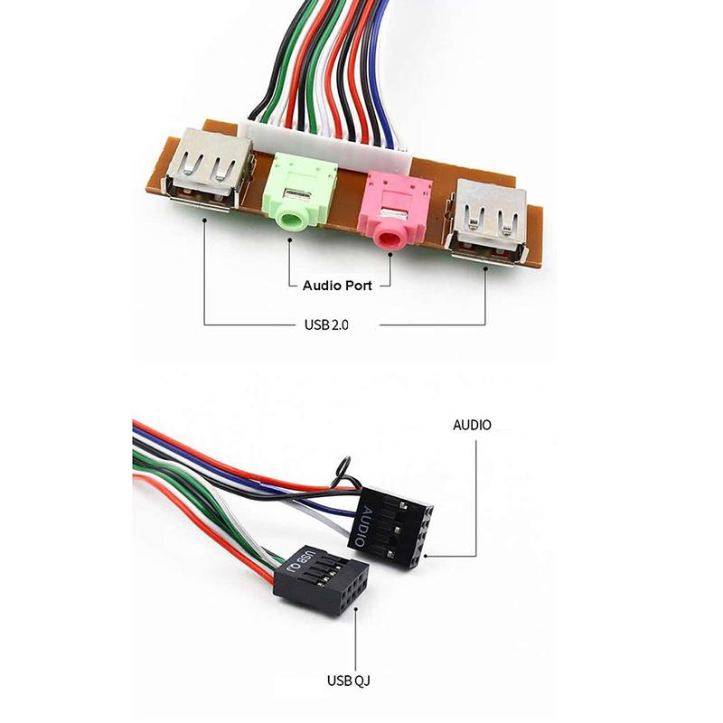 6.8 7.4 7.8cm Front Panel 2 USB 3.5mm Audio Mic Earphone Ports Extend Card Convert Adapter with 0.5m Cable for PC Computer Case